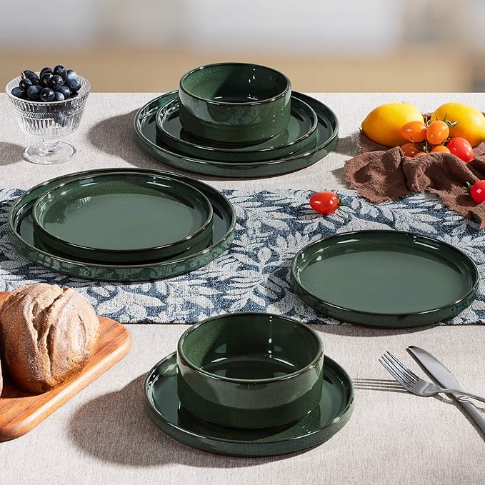 Herogo 12 Pieces Stoneware Dinnerware Set for 4, Ceramic Dinner Dishware Sets for Home Kitchen, Plates and Bowls with Rustic Terracotta Bottom, Dishwasher & Microwave Safe, Dark Green