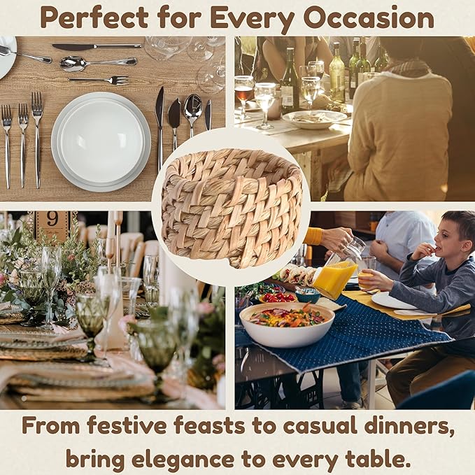 CLEENTABLE Jute Napkin Ring, Nautical Woven Napkin Rings Set of 12 - Handcrafted Cane Table Decor, 1.5" Diameter Coastal Napkin Holders for Weddings, Parties & Everyday Dining (Natural)
