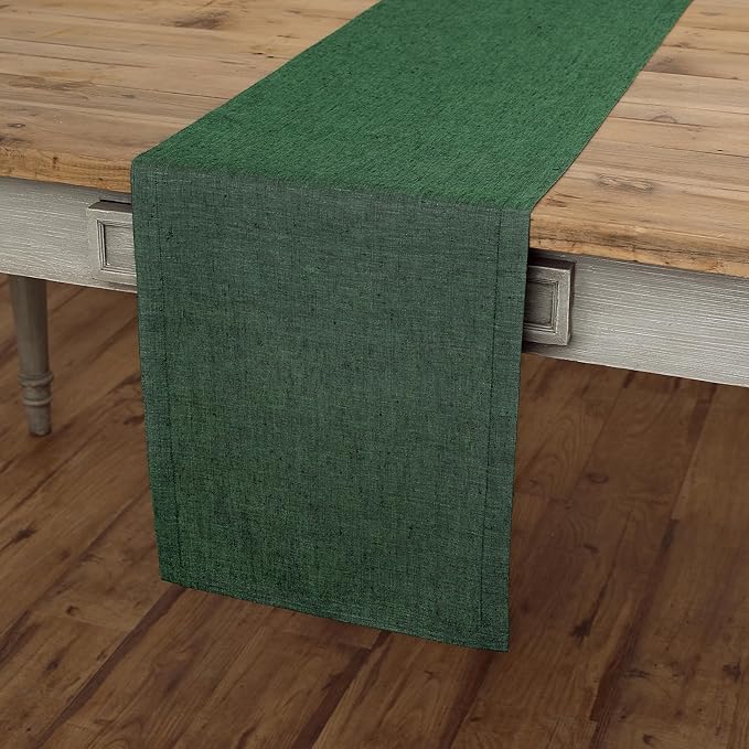 Solino Home Linen Table Runner 72 Inches Long - Athena, 100% Pure Linen Forest Green Dining Table Runner 14 x 72 Inch for Winter, Easter, St Patricks Day - Handcrafted and Machine Washable