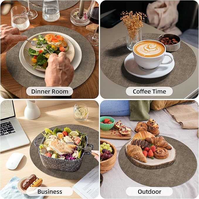 15 inch Faux Leather Round Placemats Set of 6 Non-Slip Washable Wipeable Table Mats, Heat Resistant Waterproof Oilproof Dark Coffee Place Mats for Kitchen, Dining, Party, Indoor, Outdoor