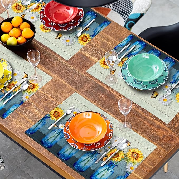 Vintage Floral Placemats Set of 4 - Spring Summer Place Mats 12x18 Sunflower Table Mats Farmhouse Kitchen Mats for Party Dining Table
