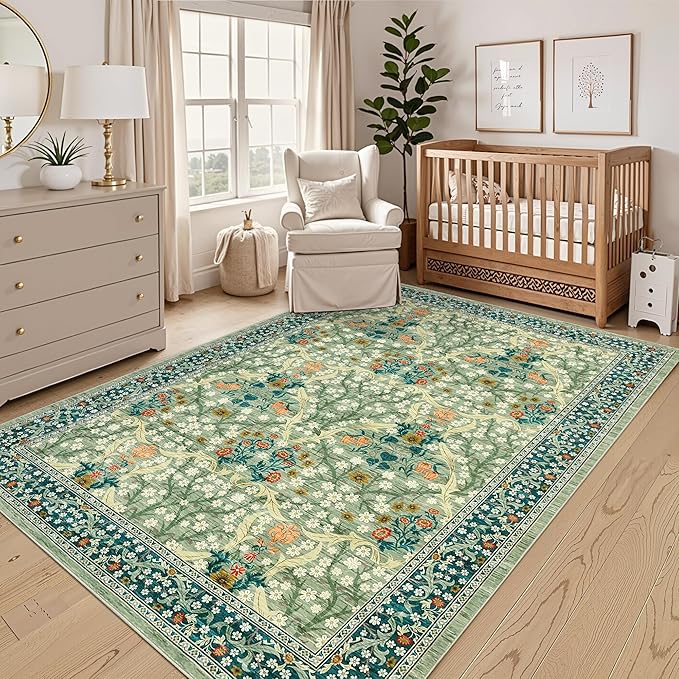 GarveeHome 8x10 Area Rugs, Washable Rugs for Living Room Non Slip Stain Resistant Ultra Soft Floral Rug, Boho Carpet Floor Mat for Bedroom Dining Room Nursery Playroom Office, Sage Green