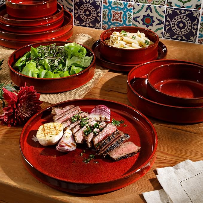 Bloomhouse - Two Time Oprah's Favorite Things Winner - Santorini Mist Double Bowl Terracotta Reactive Glaze Plates and Bowls Dinnerware Set - Garnet Red, Service for Four (16pcs)