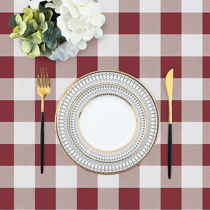 misaya Rectangle Waterproof Vinyl Table Cloth, Buffalo Flannel Backed Tablecloth, Wipeable Plastic Table Cover for Valentine's Day, Dinner, Kitchen, Outdoor (54" x 78", Burgundy and White)
