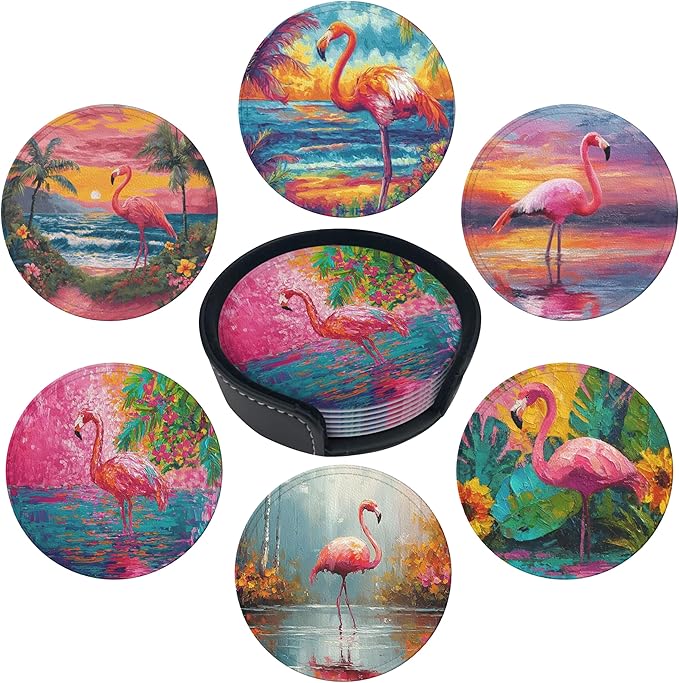 Flamingo Coasters Leather Round Drink Coasters 6 Pcs Set with Holderor for Cup Drink Coffee Table Bar Home Decor