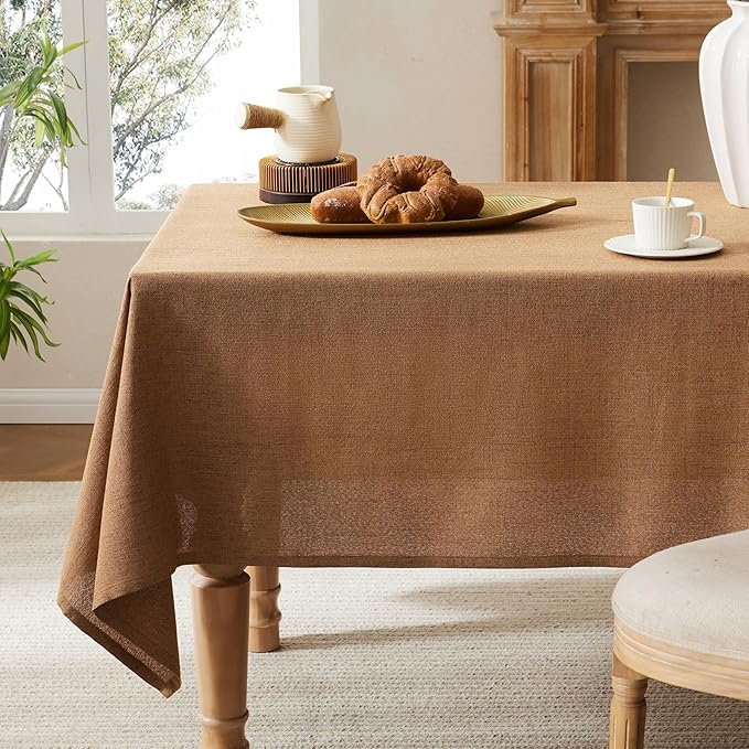Linen Tablecloth for Rectangle Table, 60x104 Inch Caramel, Farmhouse Style Brown Tablecloth, Water Resistant Burlap Tablecloths for Dining Table Farmhouse Kitchen