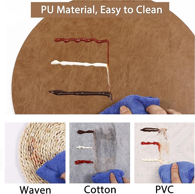 Jovono PU Leather Placemats, Waterproof Coffee Coasters, Kitchen Table Mats, Easy to Wipe Off for Dining Round Table, Diameter 13'' and 3.9'', Flaxen