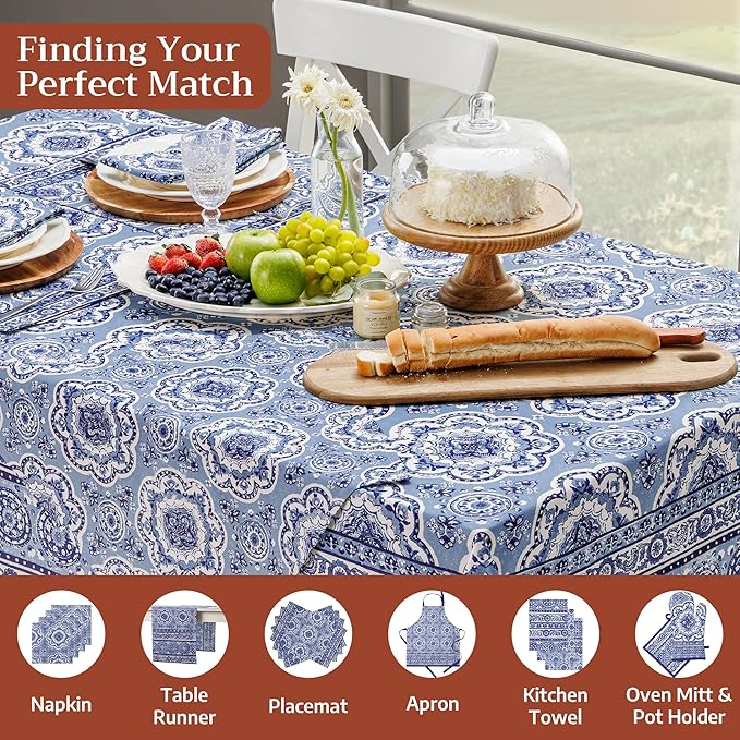 Maison d' Hermine Table Cloth Rectangle Table 100% Cotton 70 x 120 Inches Tablecloth Reusable Decorative for Dining Room Farmhouse Home Valentines Day Decorations Spring Summer - Melodie Bleue
