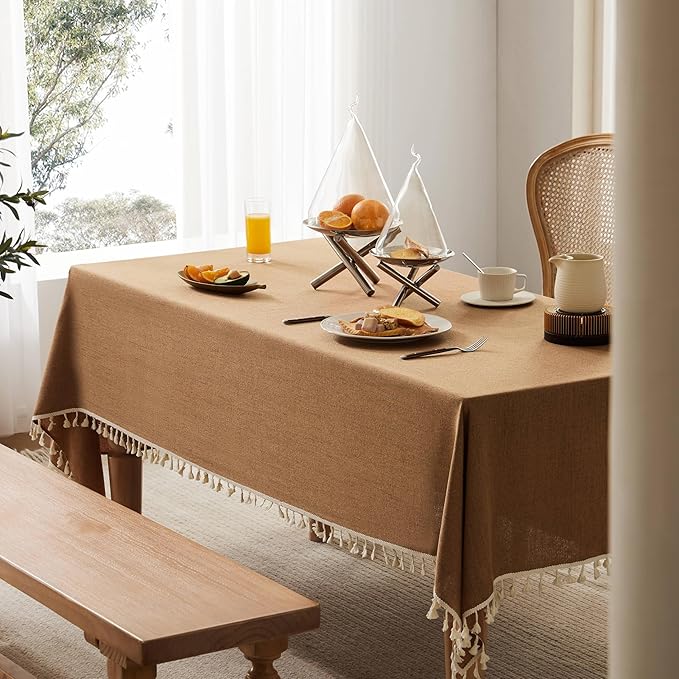 Linen Tablecloth with Tassels, Farmhouse Style Brown Tablecloth, Water Resistant Burlap Tablecloths for Rectangle Table, 60x104 Inch Caramel