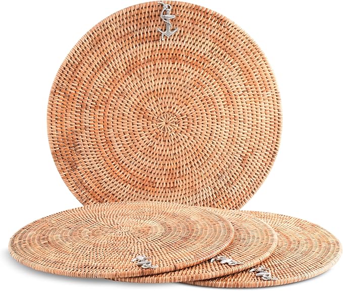 Vagabond House Large Woven Rattan Placemats Set of 4, Durable Wicker Placemats with Pewter Anchor Accent, Quality Rattan Chargers, Ideal for Coastal Beach Home