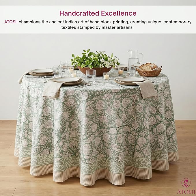 ATOSII Jade 100% Cotton Boho Round Tablecloth, Block Print Floral Table Cloth Linen for Dining, Parties, Weddings, Outdoors I Table Decor 72" Inches Diameter I