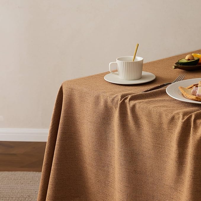 Linen Tablecloth with Tassels, Farmhouse Style Brown Tablecloth, Water Resistant Burlap Tablecloths for Rectangle Table, 60x120 Inch Caramel
