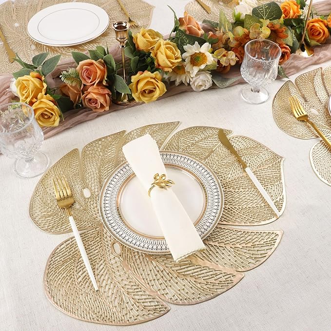 Evevda Gold Leaf Shaped Vinyl Placemats for Dinner Table Set of 8 Metallic Plastic Gold Place Mats Wipeable 8Pcs Table Mats for Wedding Annersary Dinner Table Decoration Mats