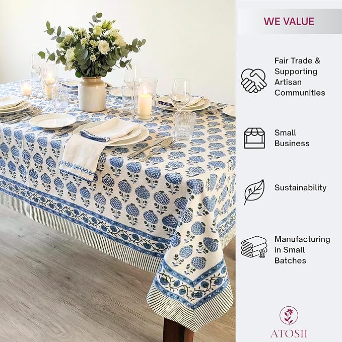 ATOSII Roma Blue 100% Cotton Boho Rectangle Fall Tablecloth, Handblock Floral Print Table Cloth Linen for Kitchen Dining I Parties, Outdoors, Weddings, Christmas, Thanksgiving Decor 60 X 90 Inches