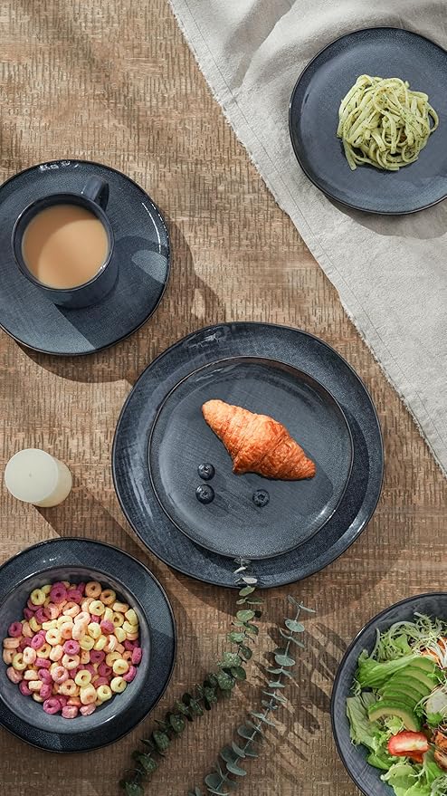 Famiware Moonlight Plates and Bowls Sets, 24 Pieces Stoneware Dinnerware Sets with Linen Finish, Dishware set for 8, Microwave and Dishwasher Safe, Chip and Scratch Resistant, Dark Blue