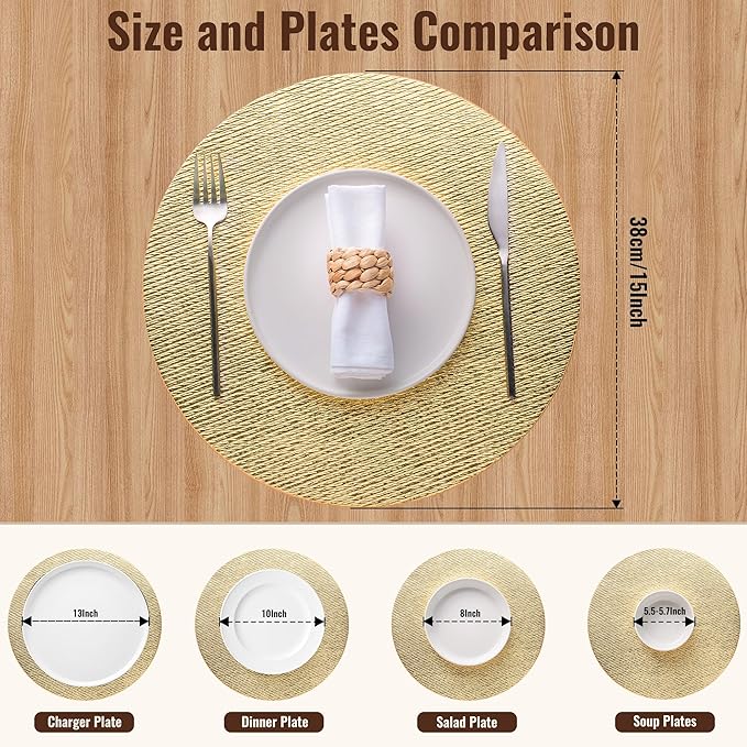 Jovono 15" Faux Leather Big Round Placemats Set of 8 - Washable Heat Resistant Non-Slip Dining Table Mats with Fabric Texture for Kitchen Home Party Wedding Decor, Gold