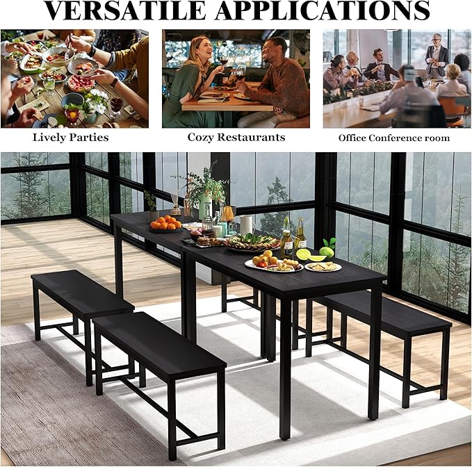 Sturdy Durable Dining Table Set for 4 with Bench, Easy to Assemble Kitchen Table with Bench, Space-Saving Ideal 4-Person Set for Daily Meals, brunches, or workspace,Black