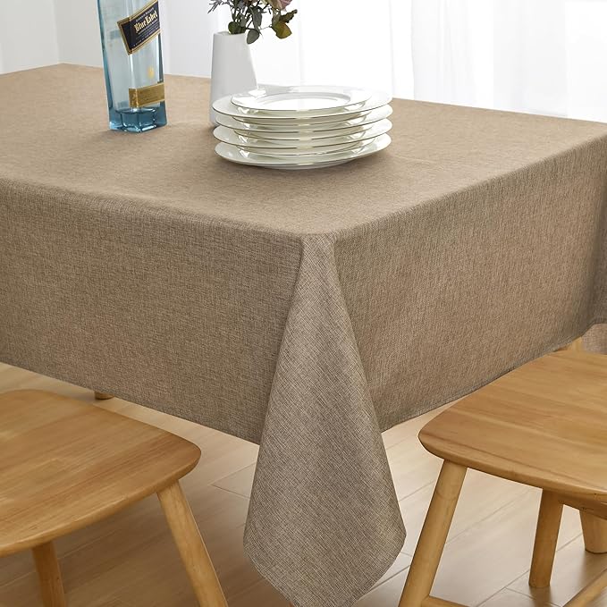 JIUZHEN Faux Linen Farmhouse Tablecloth Rectangular, Wrinkle Stain Resistant Table Cloth Rectangle Table Cover for Kitchen Dining, Holiday Party Dinner, Khaki, 54 x 108 Inch