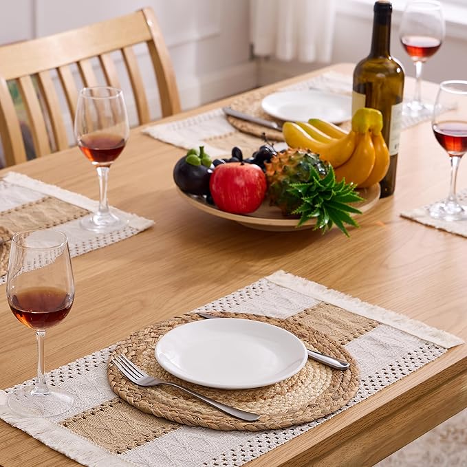 Handmade Boho Placemats Set of 6 - Natural Cotton Burlap and Water Straw Woven Rattan Wicker Braided Combination Table Mats, Macrame Table Décor Farmhouse Bohemian Style for Dining Room Table Kitchen
