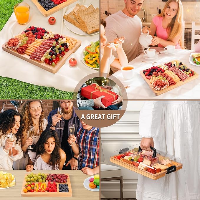 Charcuterie Board with Lid and Handle - Portable Travel Design Bamboo Cheese Board Set with 4 Cheese Tools, Gift for Housewarming, Weddings, Picnics (6 Compartments, Black)