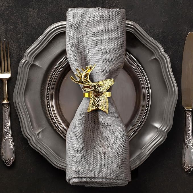 Decozen Set of 8 Gold Napkin Rings in Stag Design, Festive, Table Decor Setting for Holiday, Wedding, Birthday, Kitchen, Home Decor, Housewarming Gift - Thanksgiving Decoration