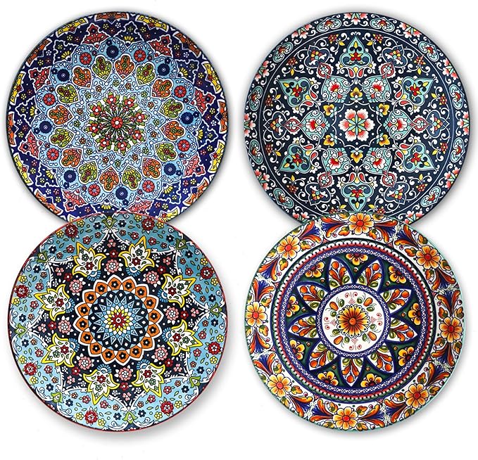 HASENSE Dinner Plate Set of 4, 10.5 Inch Porcelain Plates for Kitchen, Large Salad Plates for Steak, Dishes Set for Restaurant, Microwave, Oven & Dishwasher Safe for Christmas Gift, Bohemian