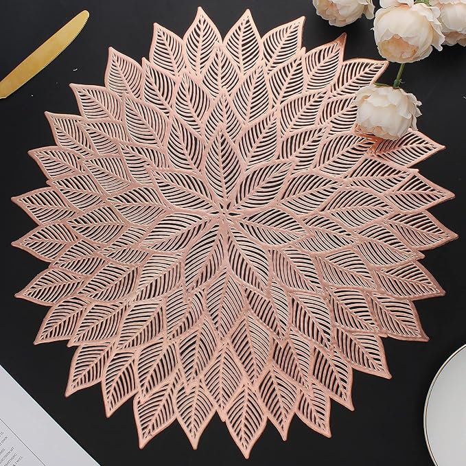 Placemats Set of 4, Round Hollow Out Flowers Place Mats for Dining Table Pressed Vinyl Blooming Leaf Table Mats for Holiday Party Wedding Accent Centerpiece Dinner Table Decoration (Rose Gold)
