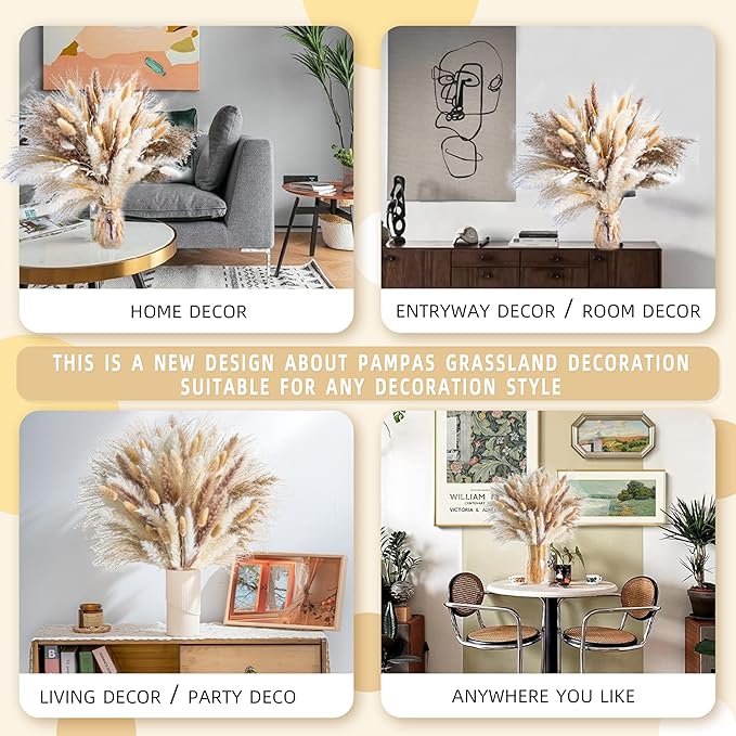 120PCS Natural Pampas Grass Mix Bouquet | Dried Pampas Bouquet for Wedding Boho Flowers Home Table Decor Desk Decor, Rustic Farmhouse Decor (120PCS)