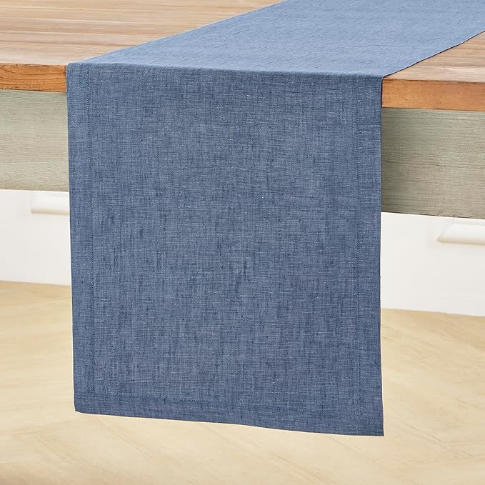 Solino Home Linen Table Runner 48 Inches - 100% Pure Linen Blue Denim Table Runner 14 x 48 Inch Ideal for Dresser and Coffee Tables - Athena, Winter, Spring, Easter