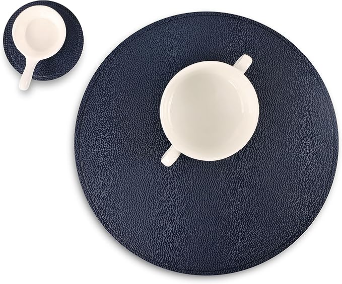 Set of 8 Faux Leather Round Placemats and Coasters, Coffee Mats Kitchen Table Mats, Waterproof, Easy to Clean for Kitchen Dining Round Table