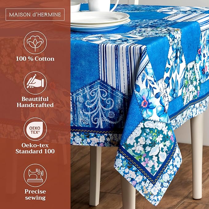 Maison d' Hermine Table Cloth Rectangle Table 100% Cotton 70 x 90 Inches Tablecloth Reusable Decorative for Dining Room Farmhouse Home Valentines Day Decorations Spring Summer - Summer Blues