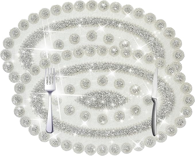 Sparkling Silver Diamond Placemats Bling Oval Place Mat Heat Elegant Table Decor for Weddings, Holidays, and Special Events (15x9 Inch)-2 PCS
