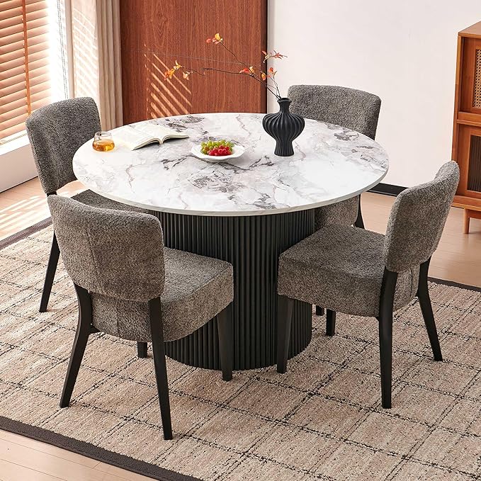 Howtek Round Dining Set for 4, 47-Inch Faux White Marble Wood Kitchen Table with 4 Gray Stackable Upholstered Dining Chairs, Dining Room Table and Chairs Set for Kitchen, Living Room