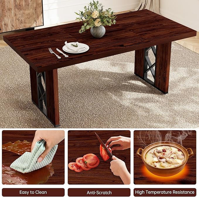 70.8" Farmhouse Dining Table for 6 People, Large Rectangle Kitchen Table with Heavy Duty Legs, Industrial Dining Room Furniture for Dinner, Walnut