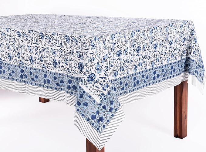ATOSII Jodhpur Blue 100% Cotton Rectangle Tablecloth, Handblock Floral Linen Table Cloth for Kitchen Dining Table I Parties Wedding Outdoors I Home Decor 60 X 90 Inches