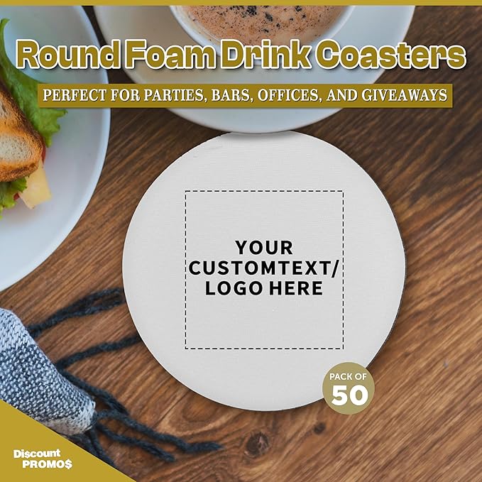 50 Round Foam Bud Coasters Pack, 4 inch - Customizable Text, Logo - PU Foam, Party Favor - White