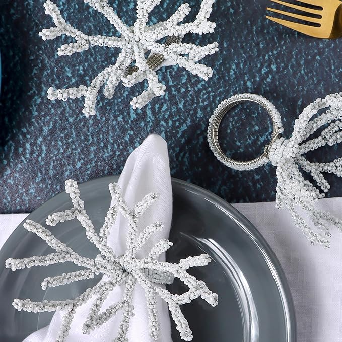 CLEENTABLE Beaded Napkin Rings Set for Dining Table - Elegant Pearl White Glass Beads with Silver Finish – Perfect for Weddings, Coastal Décor, Parties & Holiday Entertaining (White)