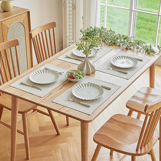 Softalker Faux Linen Placemats Set of 12-12 x 18 Inch, Heat Resistant Double Layered Durable Burlap Farmhouse Place Mats, Non-Slip Washable Rustic Table Mats for Dining, Kitchen, Party（Cream