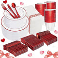 WELLIFE 700 Pcs Red Plastic Plates for 100 Guests - Plastic Dinnerware Set,Party Supplies Includes 200 Red Disposable Plates,300 Silverware,100 Napkins,100 Cups,Valentines Plates