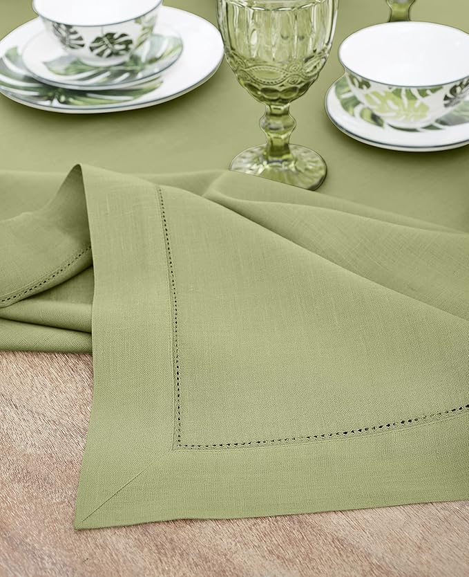 Solino Home Moss Green Linen Tablecloth 60 x 120 Inch - Classic Hemstitch, 100% Pure Linen Rectangular Tablecloth - Machine Washable Table Cloth for Winter, Spring, Easter, St Patricks Day