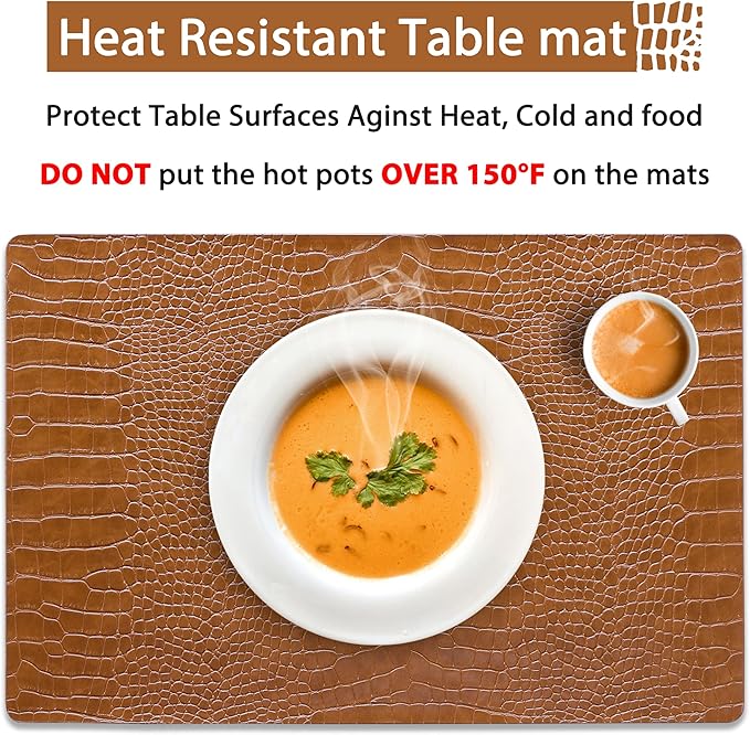 Jovono Faux Leather Placemats Set of 4, Waterproof Heat Resistant Dinner Place Mats for Dining Table, Non-Slip Crocodile Embossed, Brown (17.8x11.8 Inch)
