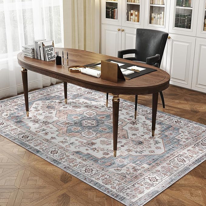 HOMCOM Washable Area Rug, 5'x7' Vintage Indoor Distressed Carpet, Retro Floor Cover Foldable, Floral Print Mat for Living Room, Bedroom, Dining Room, Brown and Light Blue