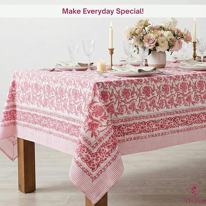 ATOSII Red Bloom 100% Cotton Tablecloth, Handblock Print Rectangle Table Cover for Kitchen Dining I Tabletop Linen I Parties, Wedding, Spring Summer Table Cloth 60 X 90 Inches