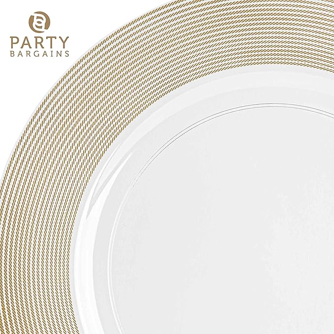PARTY BARGAINS 13-Inch Charger Plates - 48 Pack, Clear Gold Rope Textured Rim, Heavy-Duty Disposable Chargers for Elegant Dining - Ideal for Weddings and Formal Events