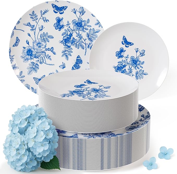 Trendables Disposable Plates For Party Supplies | Blue Floral Plastic Plates For Wedding 80 Pcs - 40 X 8 & 40 X 10 Dinner Plate Sets | Floral Plate Set Disposable Plastic Dinnerware Sets