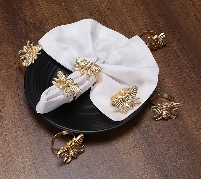 Alpha Living HOMEAntique Gold Metal Napkin Rings - Set of 12 Elegant Bee Table Holders - Ideal Décor for Weddings, Family Gatherings, Formal Dinners, Banquets & Everyday Dining