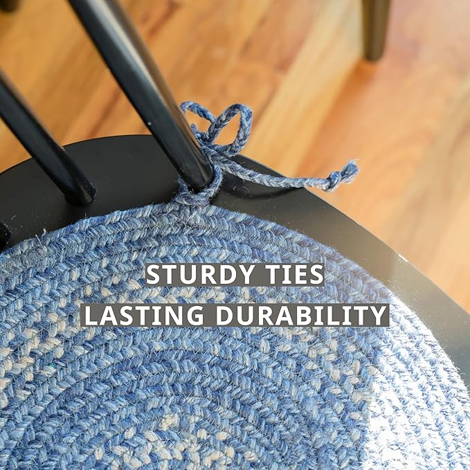 Homespice Denim Jute Braided Kitchen Chair Pads 15x15 Set of 2 - Vibrant Colors, Naturally Comforting & Reversible