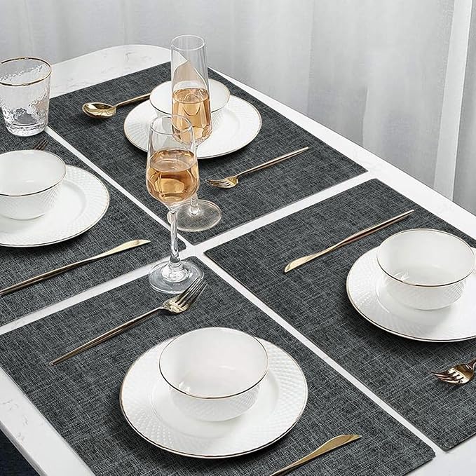 Cloth Placemats Set of 8, Linen Type Fabric Placemats Black Table Mat Set of 8, Machine Washable Rustic Place Mats Heat Resistant Placemats Thick Polyester Kitchen Place Mats for Dining Table