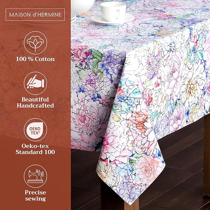 Maison d' Hermine Table Cloth Rectangle Table 100% Cotton 60 x 108 Inches Tablecloth Reusable Decorative for Dining Room Farmhouse Home Valentines Day Decorations Spring Summer - Floral Love