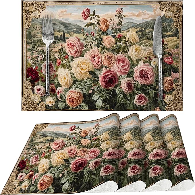 Roses Placemats Set of 4 Washable Table Place Mats for Dining Kitchen Party Decor